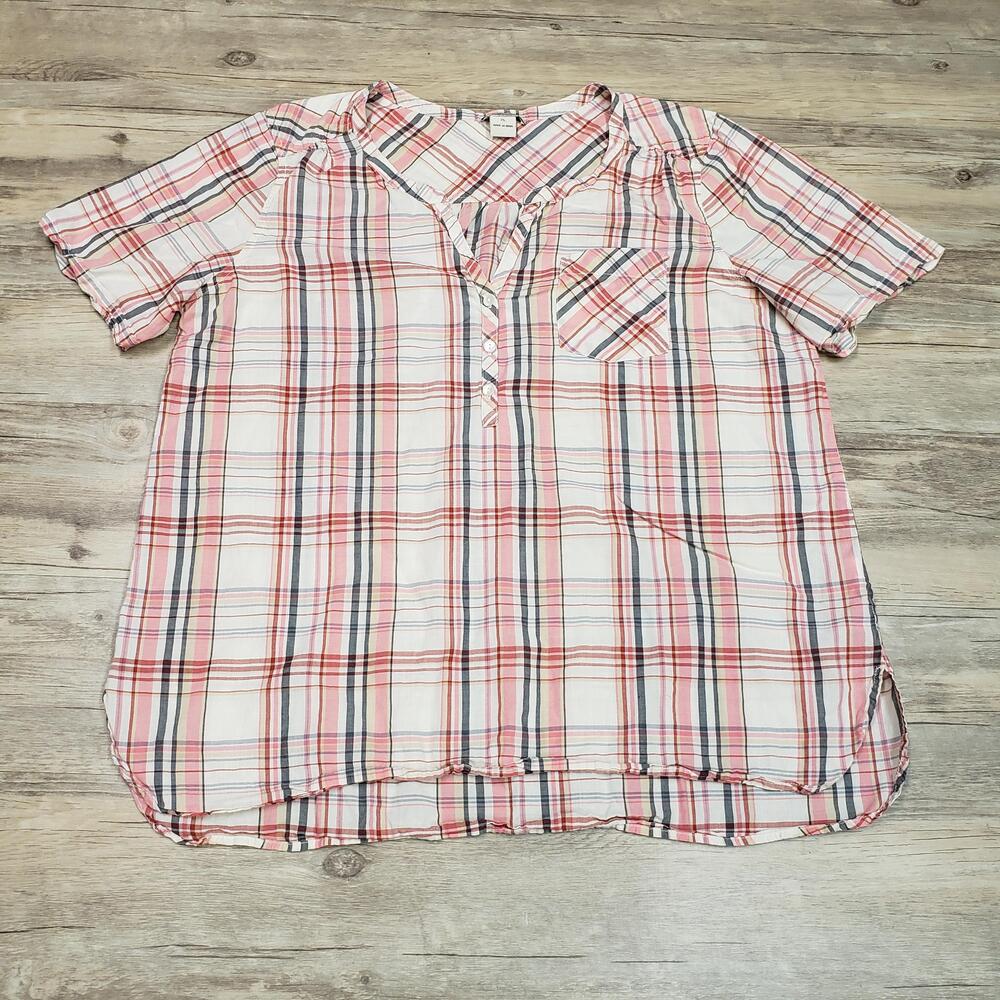 Lucky Brand Blouse Womens XL Pink Plaid Short Sleeve Henley Tunic Top Boho